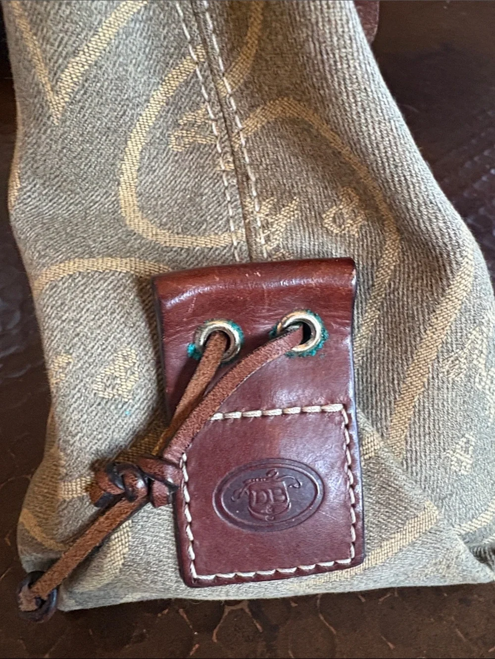 Vintage Dooney & Bourke Heart Monogram Leather Hobo Bag Beige Brown